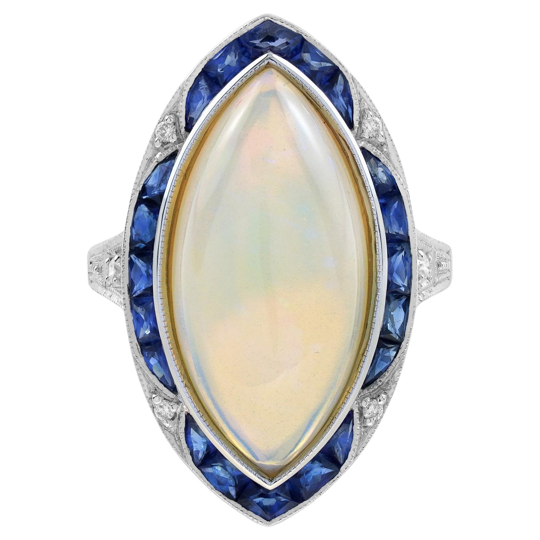 6.55 Ct. Opal Blue Sapphire Diamond Art Deco Style Cocktail Ring in 18K Gold