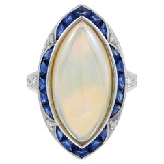 6.55 Ct. Opal Blue Sapphire Diamond Art Deco Style Cocktail Ring in 18K Gold