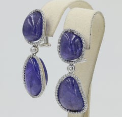 65.50 Carat Tanzanite Cabochon Cut and Round Diamond Drop Earrings
