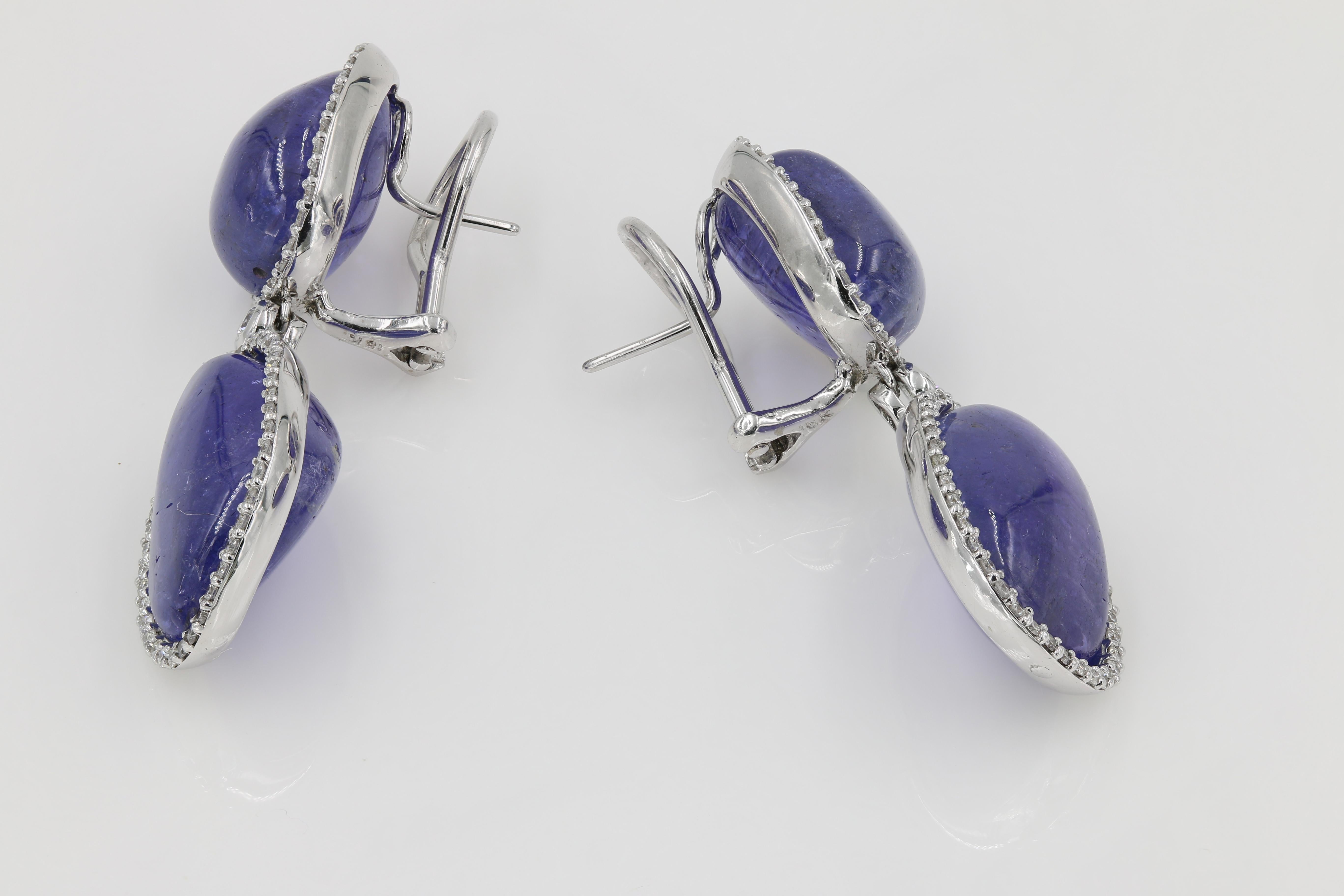 Contemporary 65.50 Carat Tanzanite Cabochon Cut and Round Diamond Drop Earrings For Sale