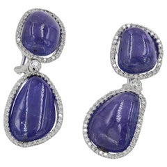 65.50 Carat Tanzanite Cabochon Cut and Round Diamond Drop Earrings