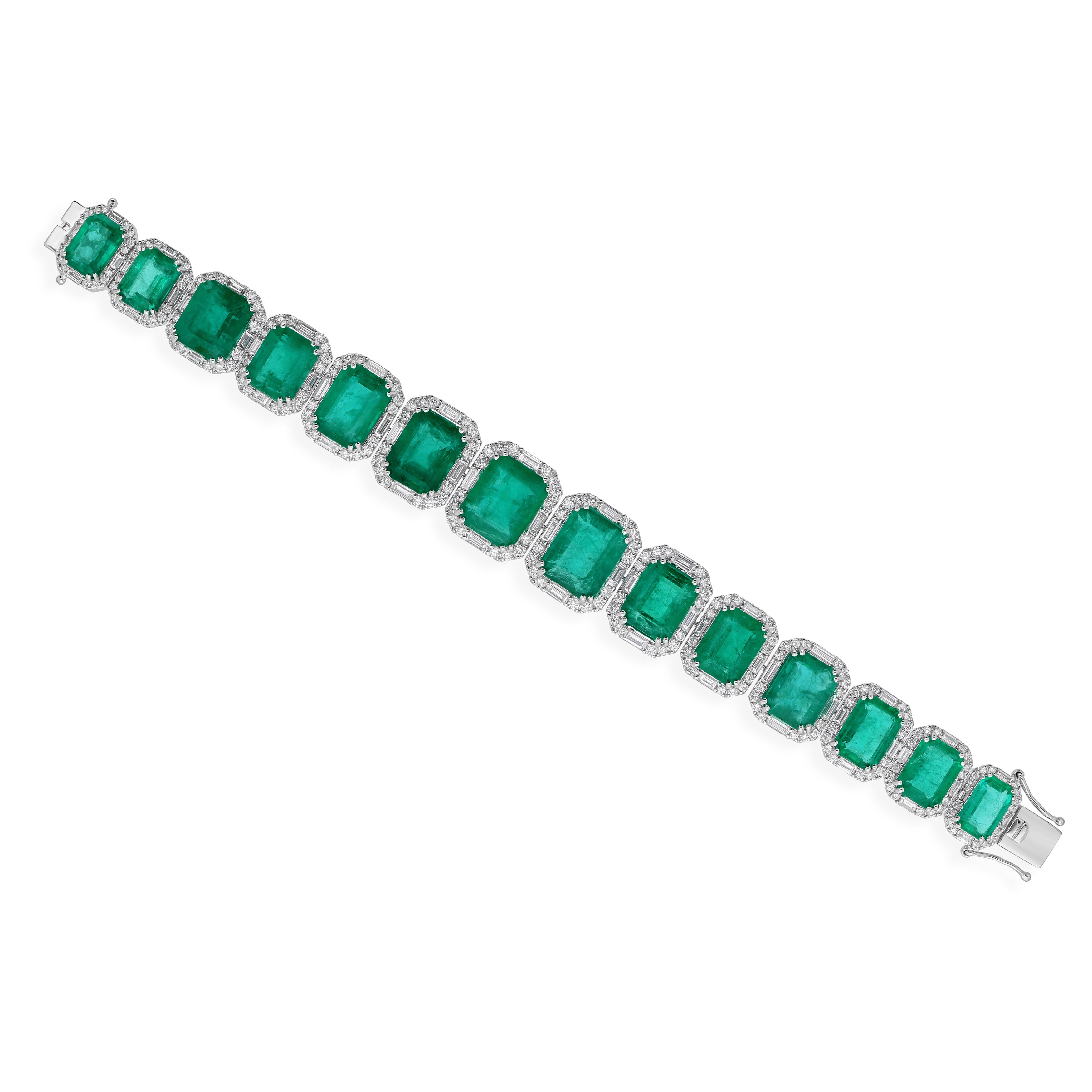65,51 Karat sambischer Smaragd 7,56 Karat SI/H Diamantarmband 14 Karat Weißgold