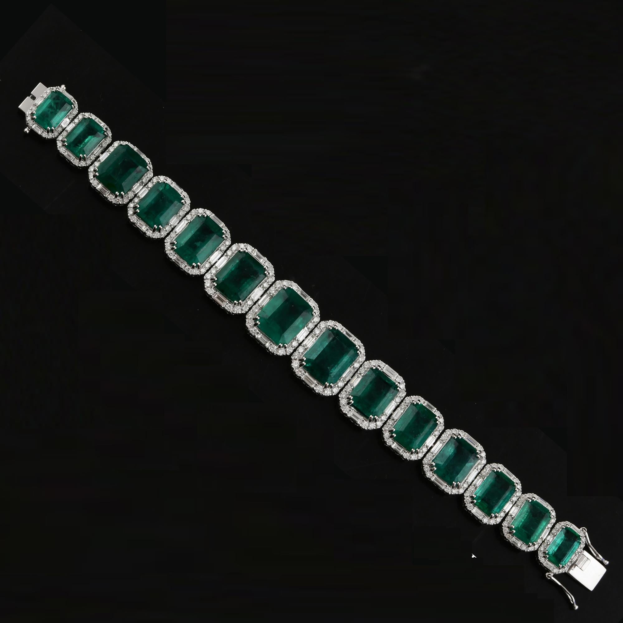Octagon Cut 65.51 Carat Zambian Emerald 7.56 Carat SI/H Diamond Bracelet 18 Karat White Gold For Sale