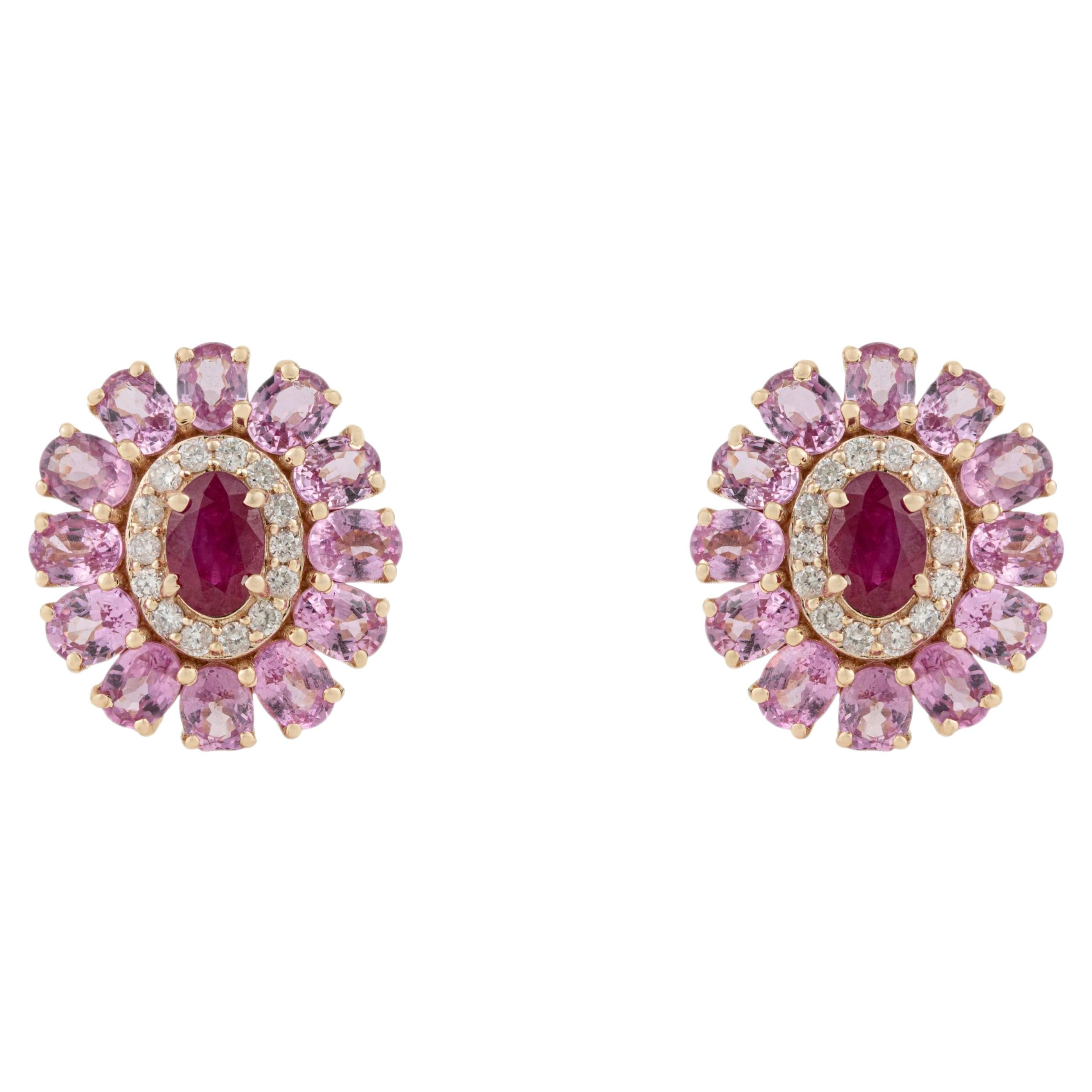 6.55ct Victorian Style Ruby Pink Sapphire Diamond Cluster Stud Earrings 14K Gold