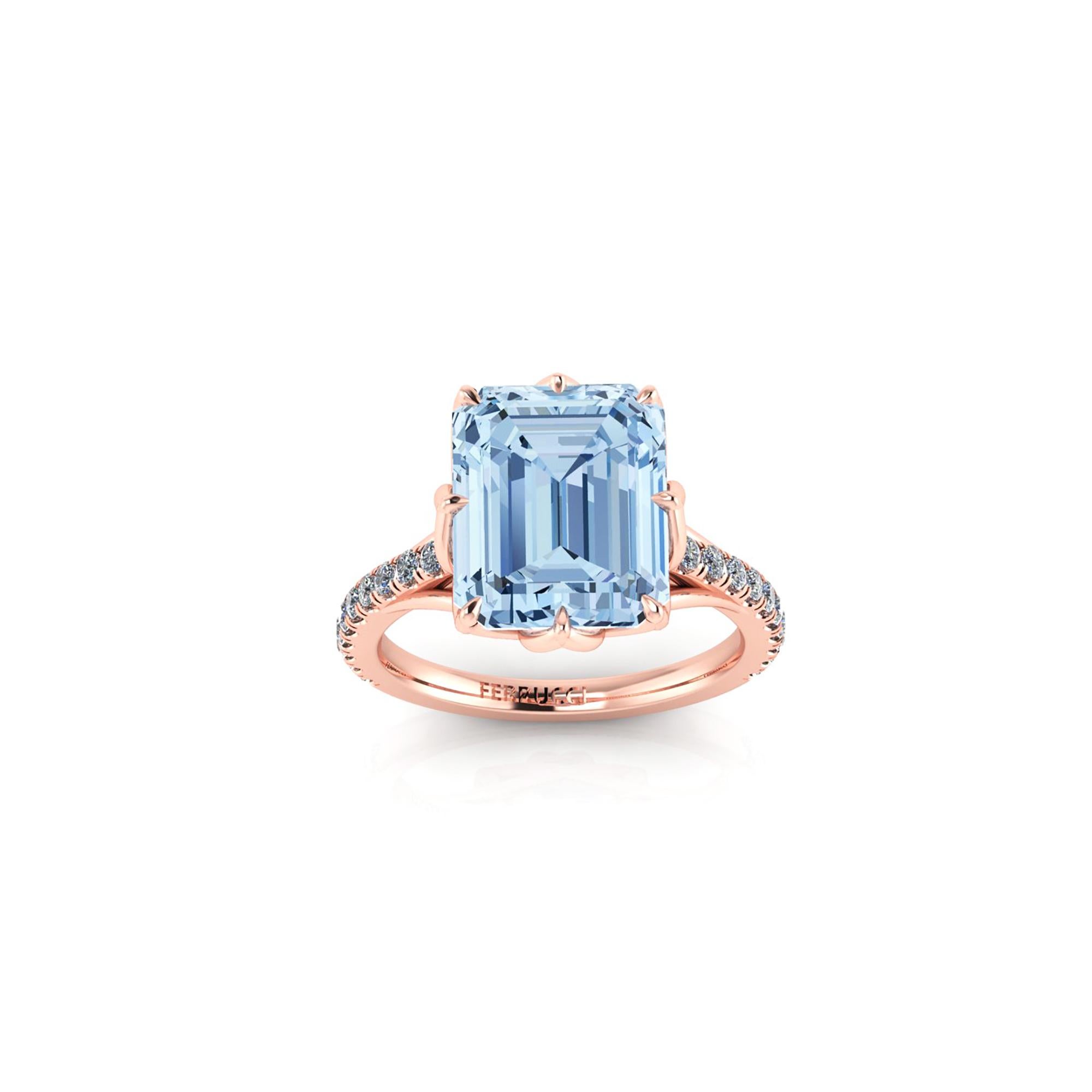 6.56 carat Aquamarine, emerald cut, very high quality color, eye clean gem, with a pave' of bright white diamonds G color, of approximately  total carat weight of 0.35 carat, set in a 18k rose gold floral-vine motive,  manufactured with the best