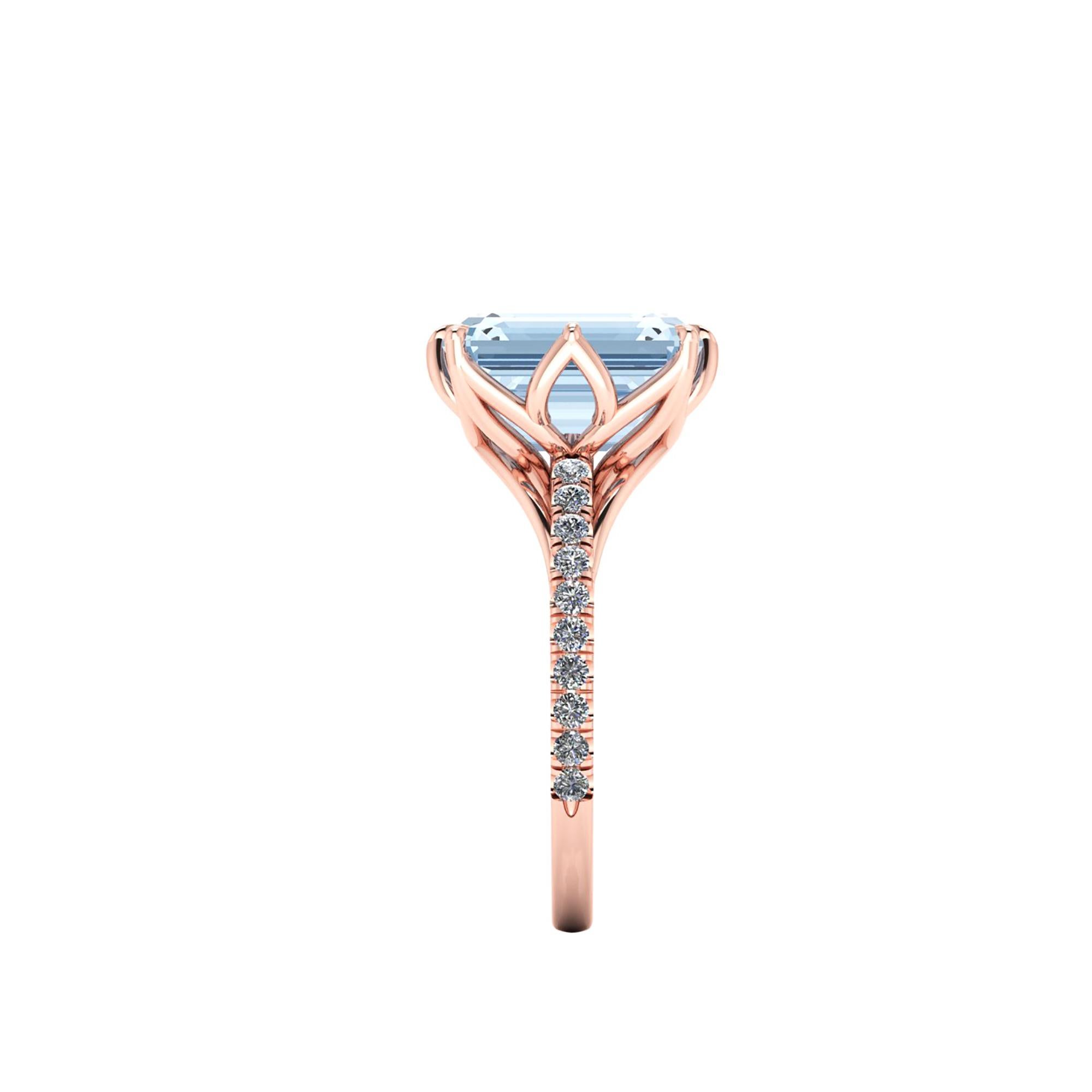 Emerald Cut 6.56 Carat Emerald Aquamarine Diamond Pave 18 Karat Rose Gold Cocktail Ring For Sale