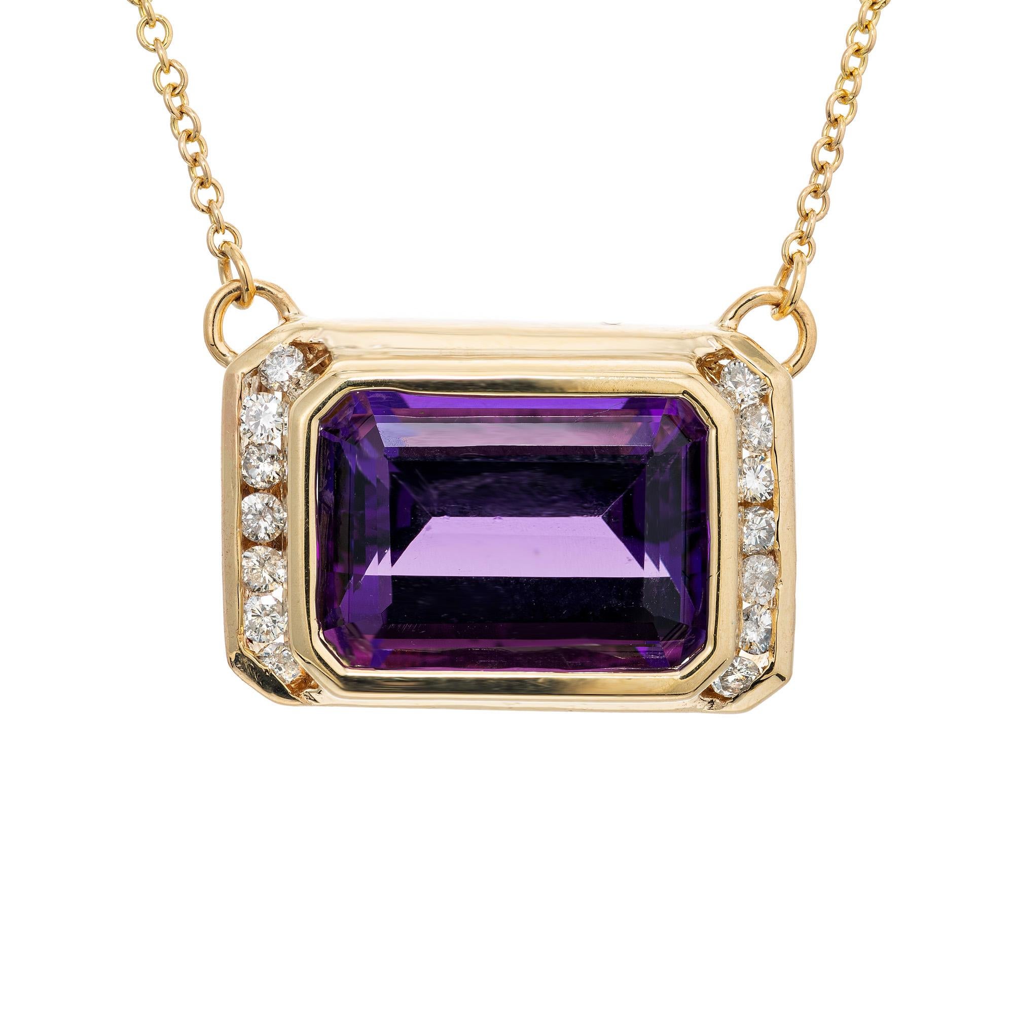 Rich purple amethyst and diamond pendant necklace. 1970's bezel set rectangular 6.56cts amethyst mounted in a solid 14k pendant accented with 7 round brilliant cut diamonds on each side of the gemstone. This amethyst has a deep purple hue, is
