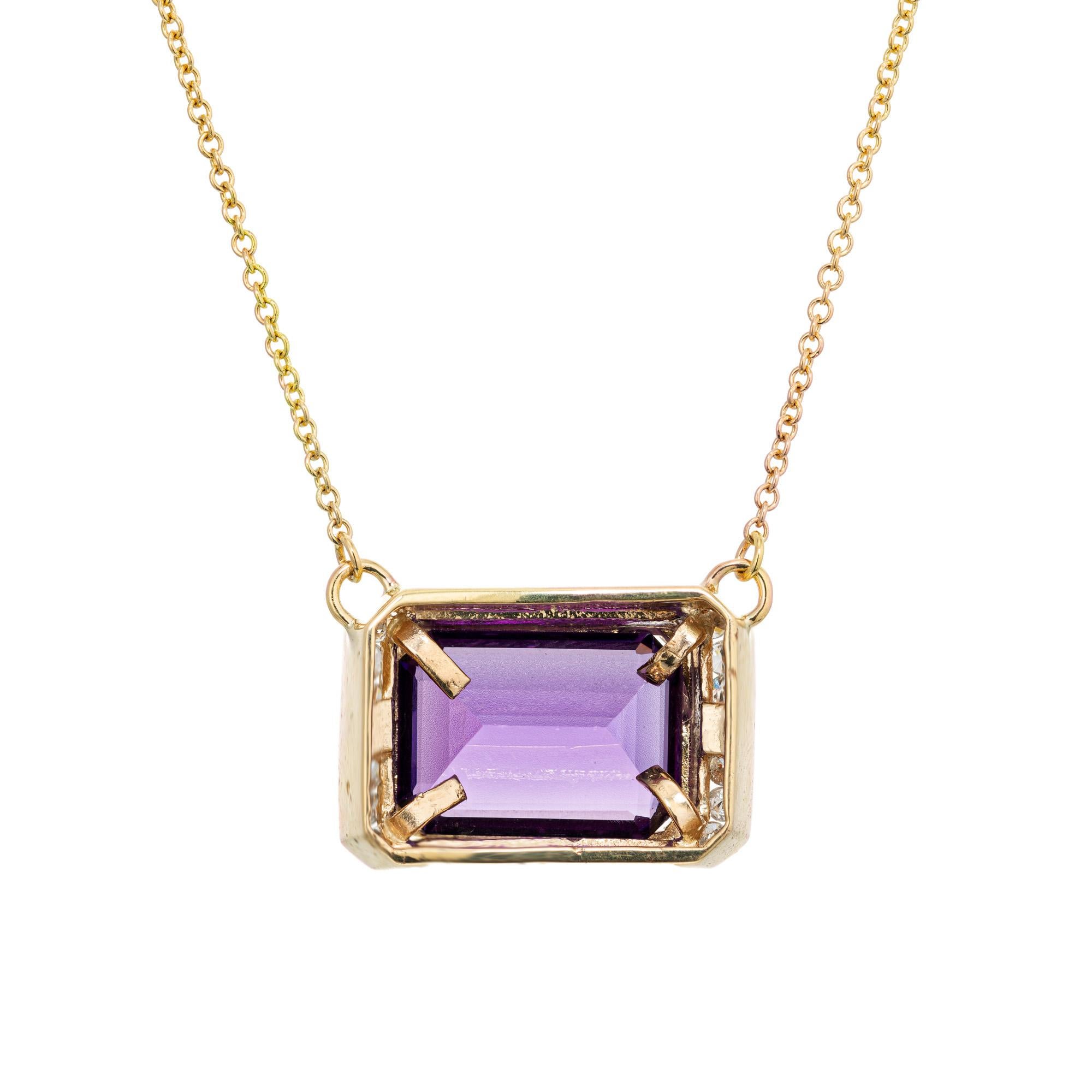 Round Cut 6.56 Carat Rectangular Amethyst Diamond Yellow Gold Pendant Necklace  For Sale
