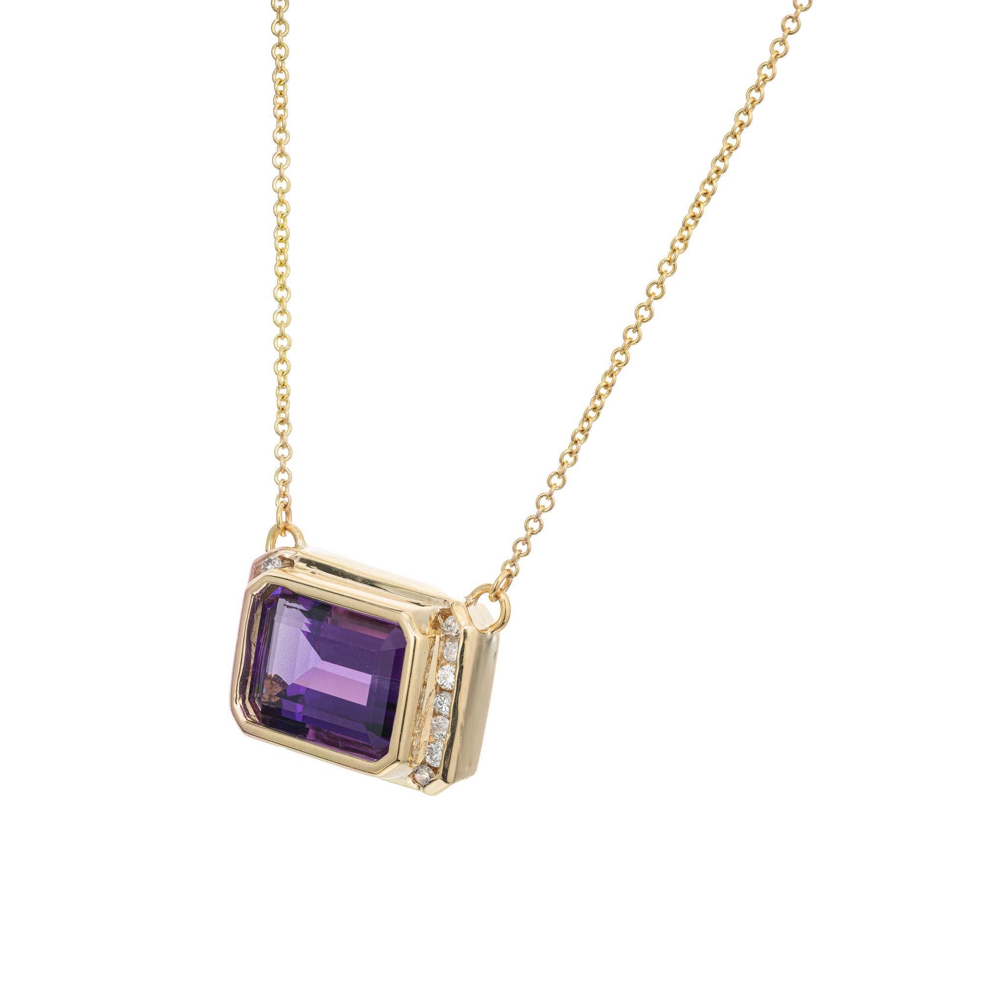 6.56 Carat Rectangular Amethyst Diamond Yellow Gold Pendant Necklace  In Good Condition For Sale In Stamford, CT