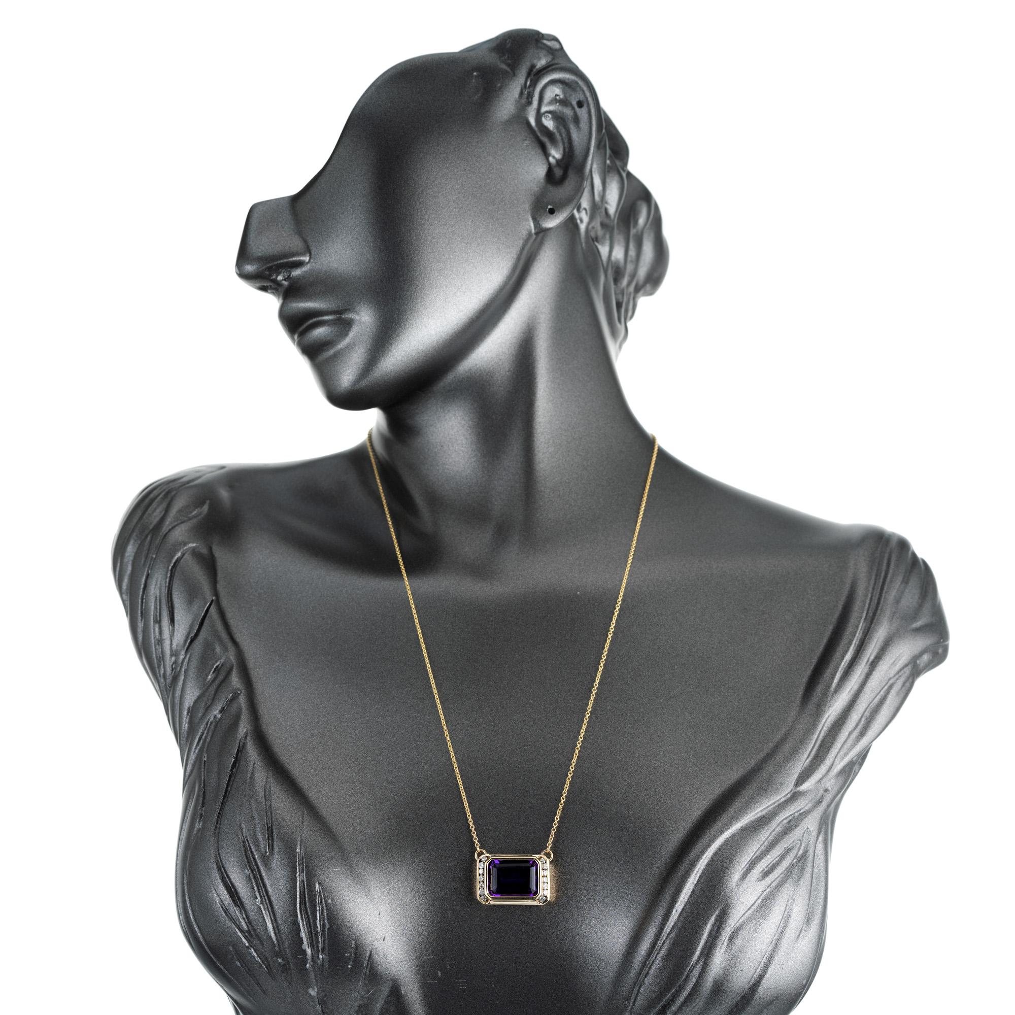 Women's 6.56 Carat Rectangular Amethyst Diamond Yellow Gold Pendant Necklace  For Sale