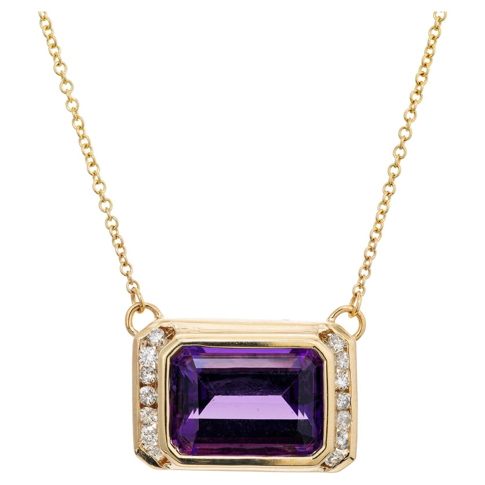 6.56 Carat Rectangular Amethyst Diamond Yellow Gold Pendant Necklace  For Sale