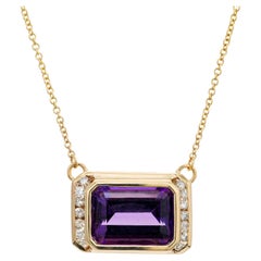 Halskette mit 6,56 Karat rechteckigem Amethyst-Diamant-Gelbgold-Anhänger 