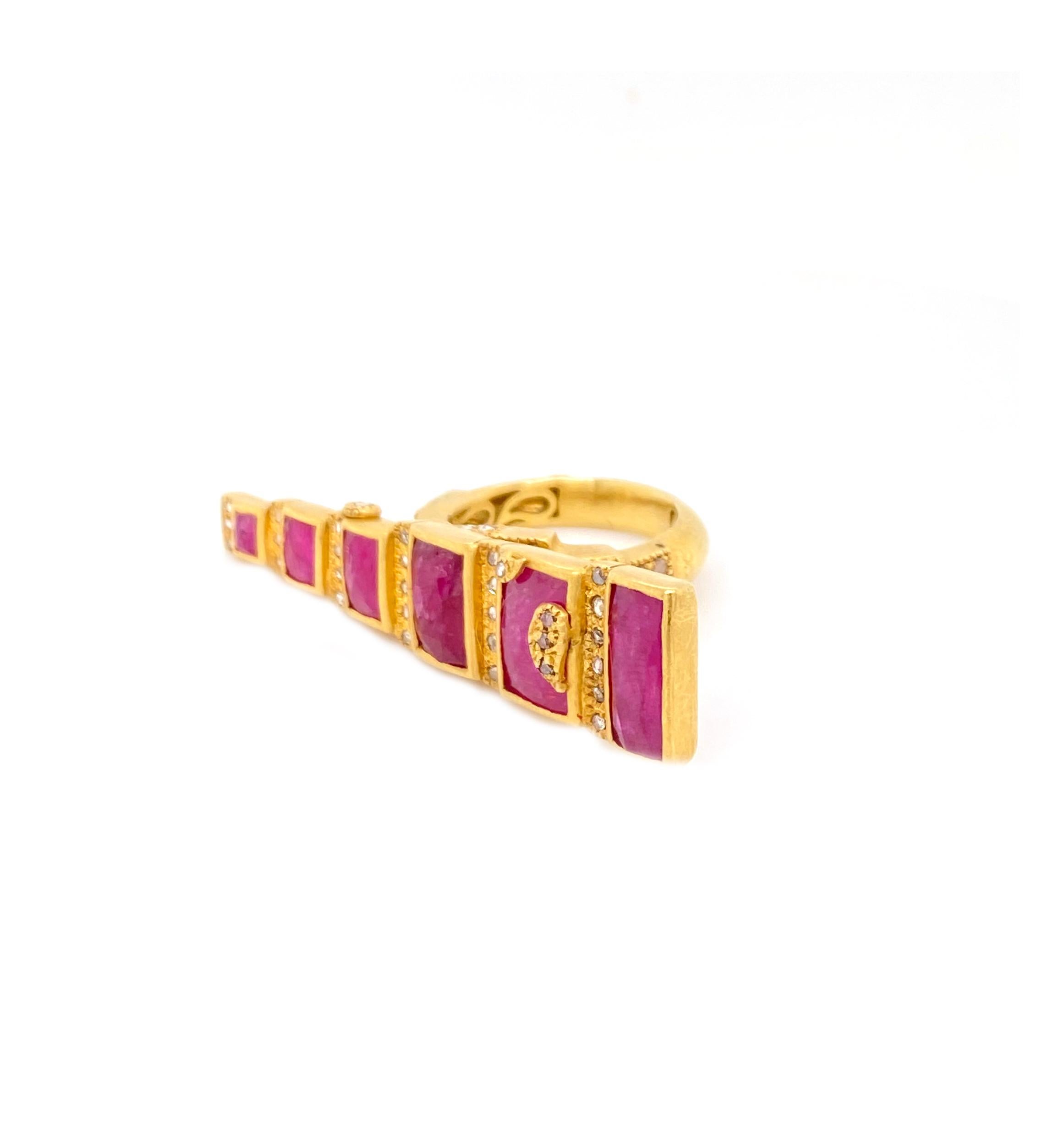 Square Cut 6.56 Carat Ruby Art Deco Style Mosaic Coomi Ring in 20 Karat Yellow Gold