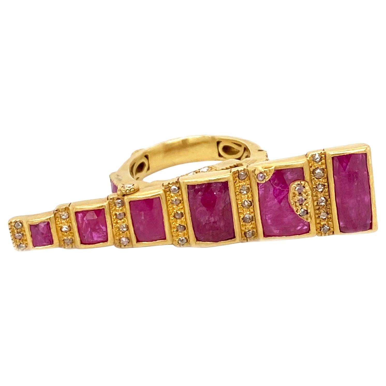 6.56 Carat Ruby Art Deco Style Mosaic Coomi Ring in 20 Karat Yellow Gold