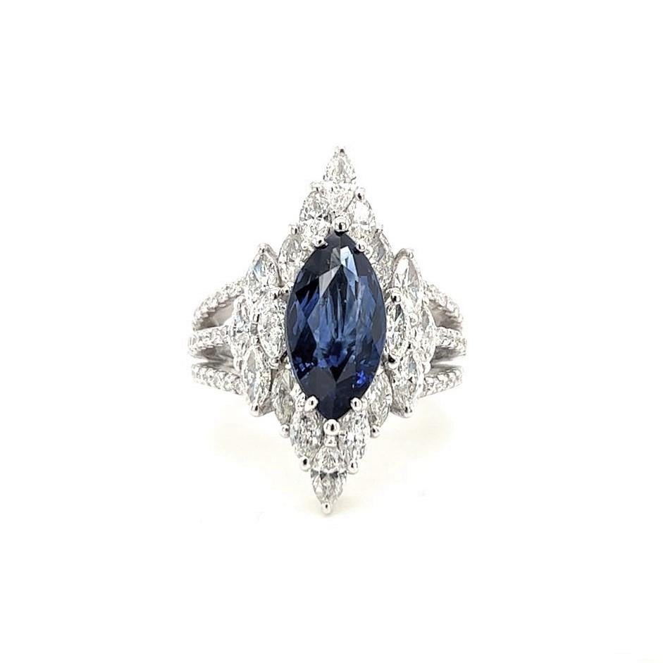 This 4.10 carats marquise cut Sapphire Ring is just simply beautiful. This remarkable piece features 76 pieces of Marquise cut diamonds weighing 2.46 carats set on 18 Karat White Gold. 

Sapphire: 4.10 carats
Diamond: 2.46 carats
Dimension:  15.5 x