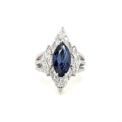 6.56 Carat Marquise Cut Sapphire and Diamond Ring on 18 Karat White Gold