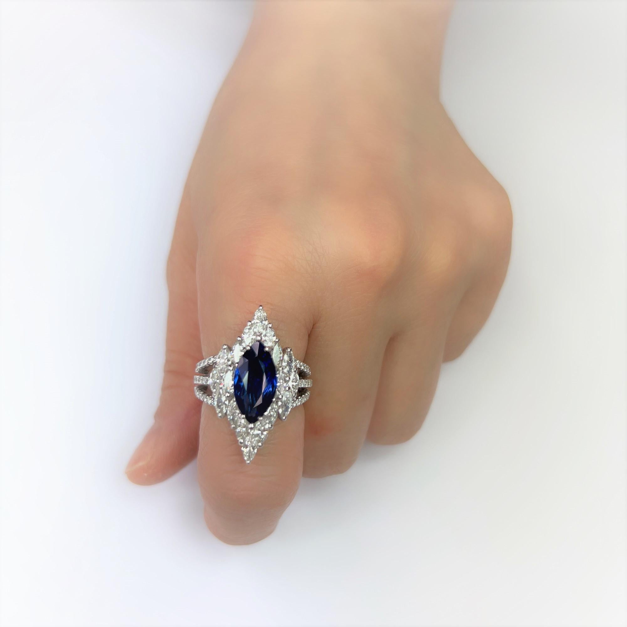 6.56 Carat Marquise Cut Sapphire and Diamond Ring on 18 Karat White Gold For Sale 1