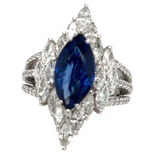 6.56 Carat Marquise Cut Sapphire and Diamond Ring on 18 Karat White Gold