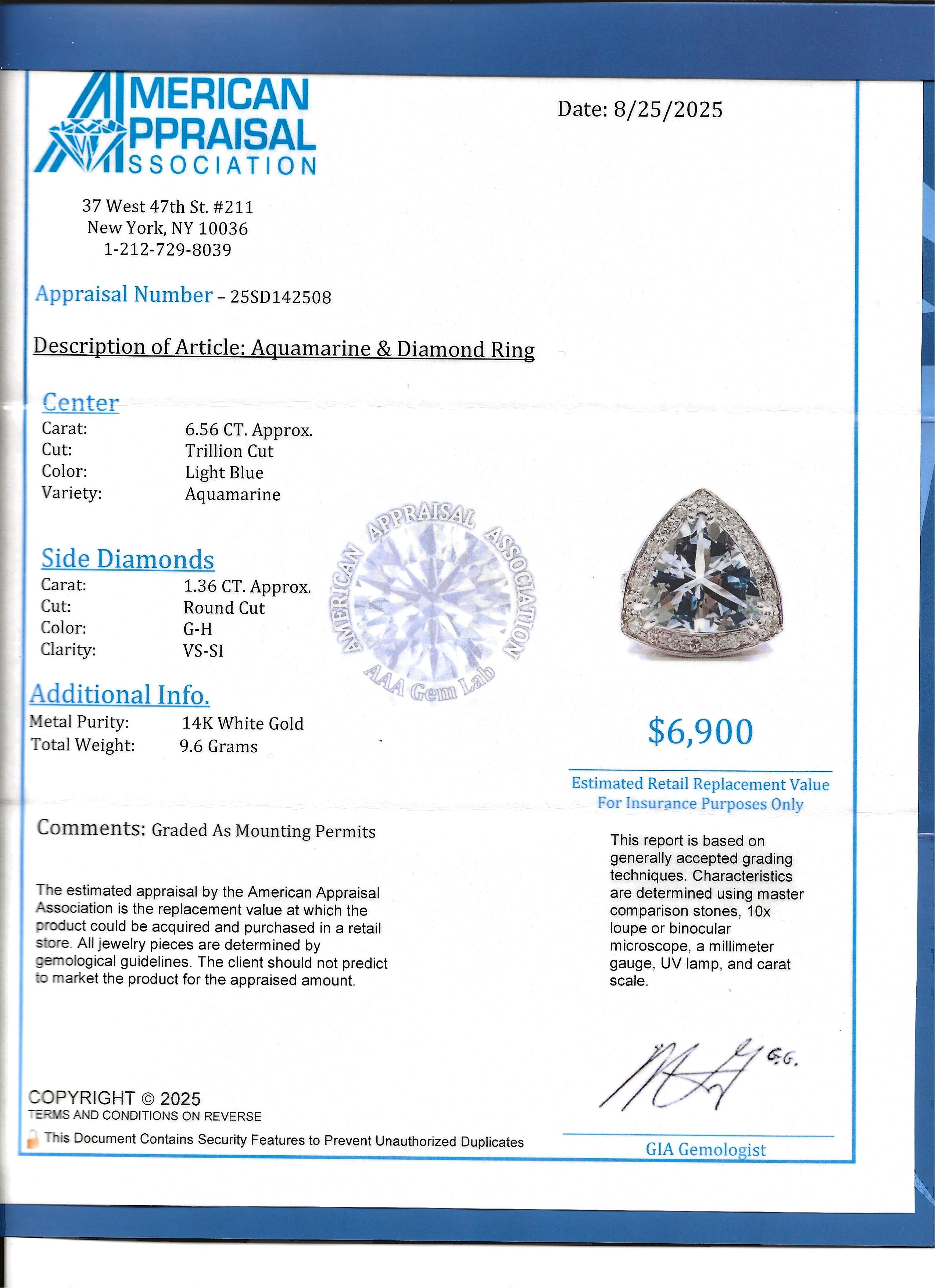 Bague cocktail aigue-marine 6,56 carats, taille trillion, avec halo en diamant, or 14 carats en vente 5