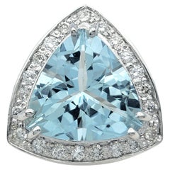 6.56 Carat Trillion Cut Aquamarine Cocktail Ring with Diamond Halo 14 Karat Gold