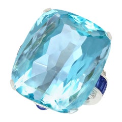 65.61 Carat Aquamarine, 3.46 Carat Sapphire and Diamond Platinum Cocktail Ring