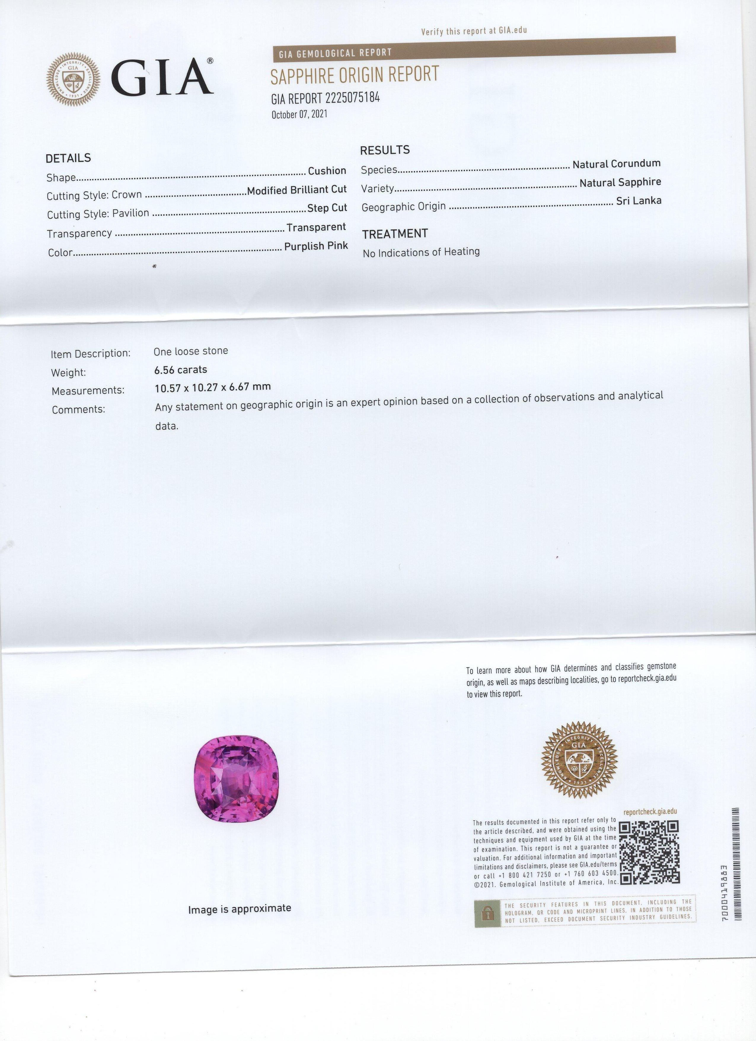 da uomo o donna Zaffiro naturale rosa non riscaldato taglio a cuscino 6,56ct Certificato GIA in vendita