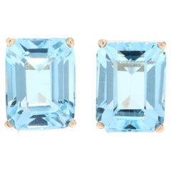 6.56ctw Emerald Cut Blue Topaz Stud Earrings, 14K Gold, Pierced Butterfly Backs