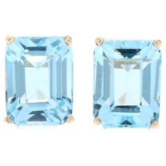 Vintage 6.56ctw Emerald Cut Blue Topaz Stud Earrings, 14K Gold, Pierced Butterfly Backs