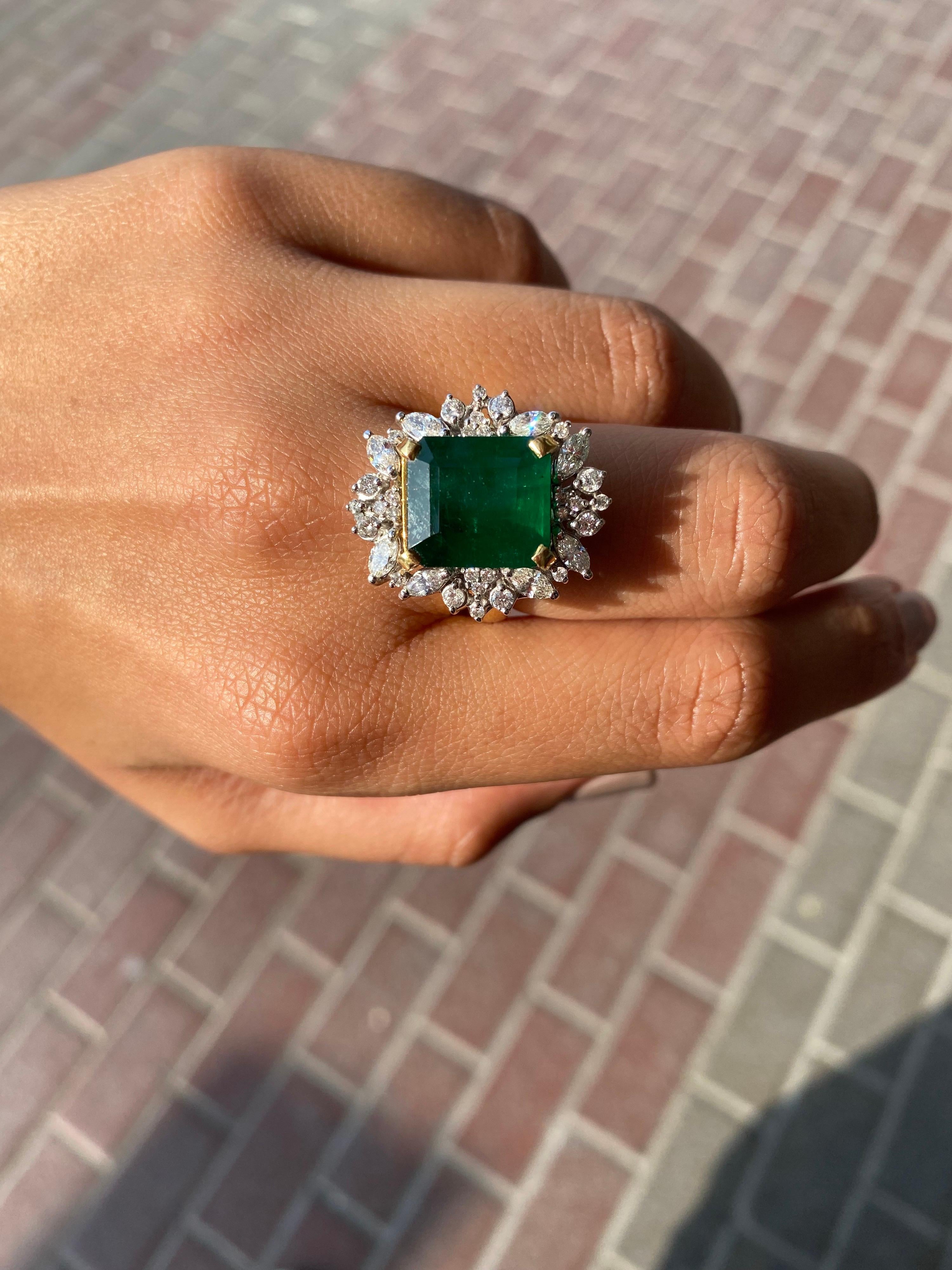 Emerald Cut 6.57 Carat Emerald and Diamond Cocktail Engagement Ring For Sale