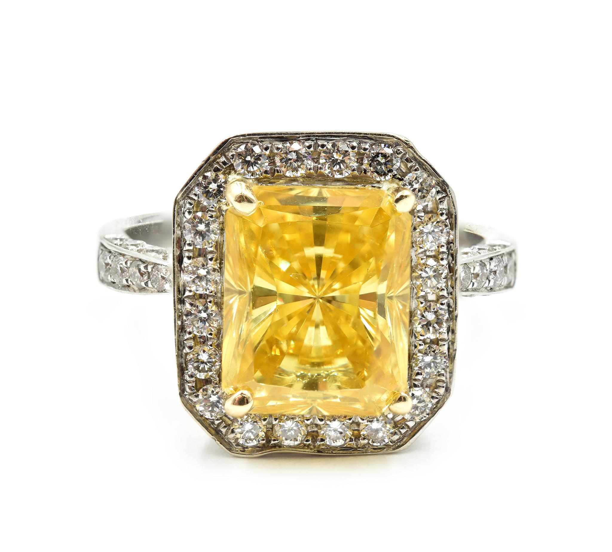 Radiant Cut 6.57 Carat Simulated Yellow Center Diamond 18 Karat White Gold Diamond Ring