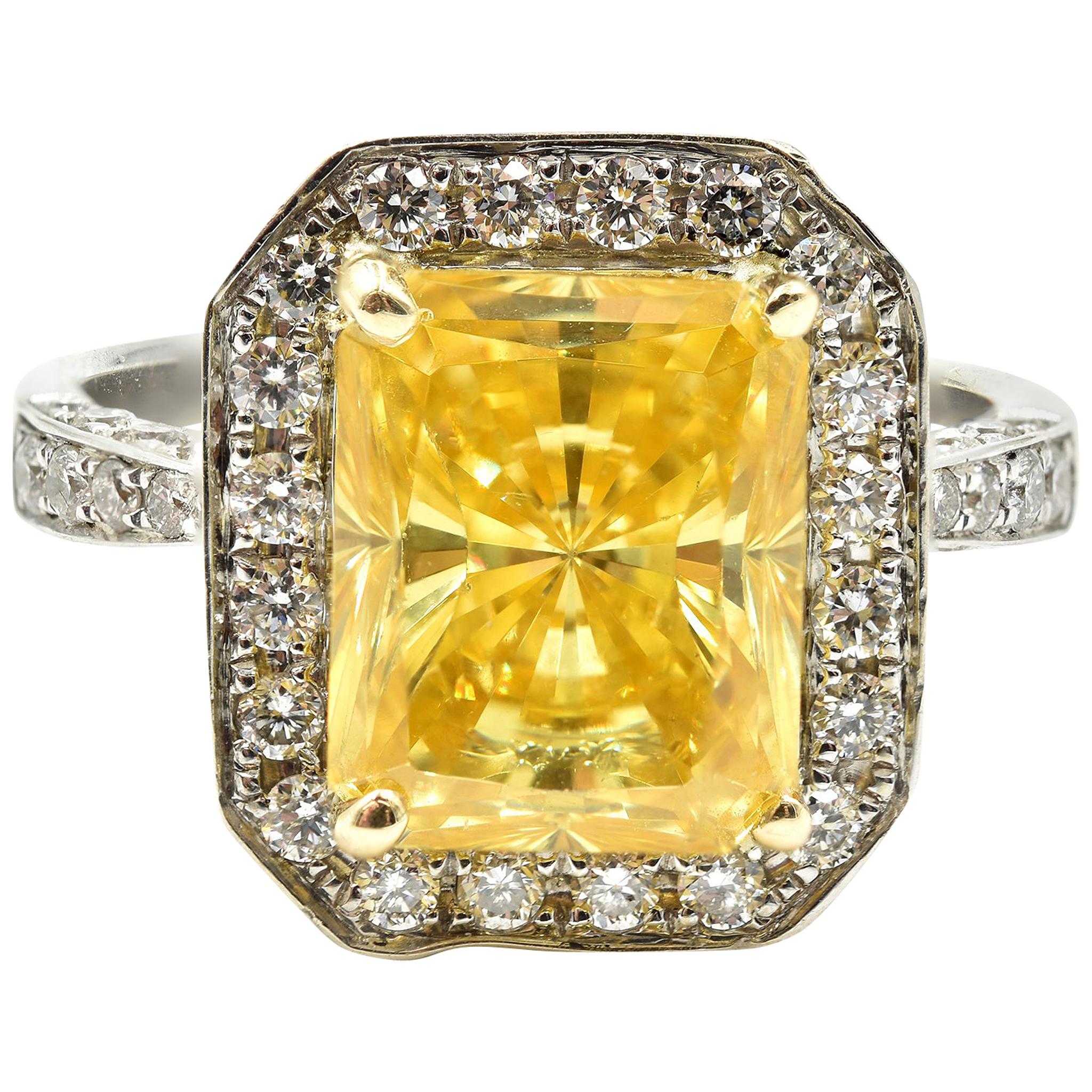 6.57 Carat Simulated Yellow Center Diamond 18 Karat White Gold Diamond Ring