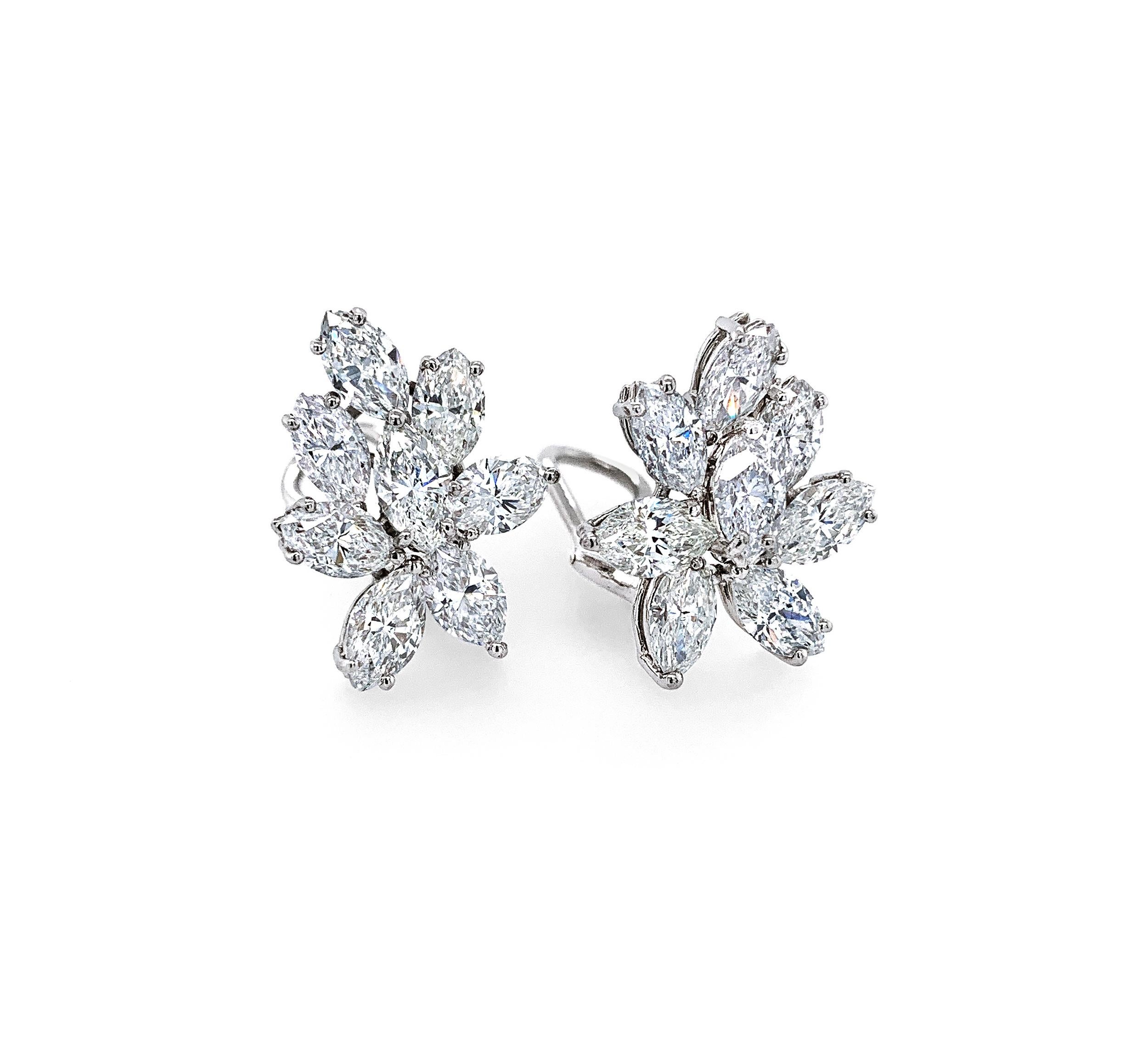6.57 Carat (total weight) Marquise cut Diamond cluster earrings set in Platinum with Omega clip backs.