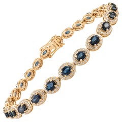 6.57 Ct Natural Blue Sapphire and Diamond Halo Tennis Bracelet 14K Yellow Gold