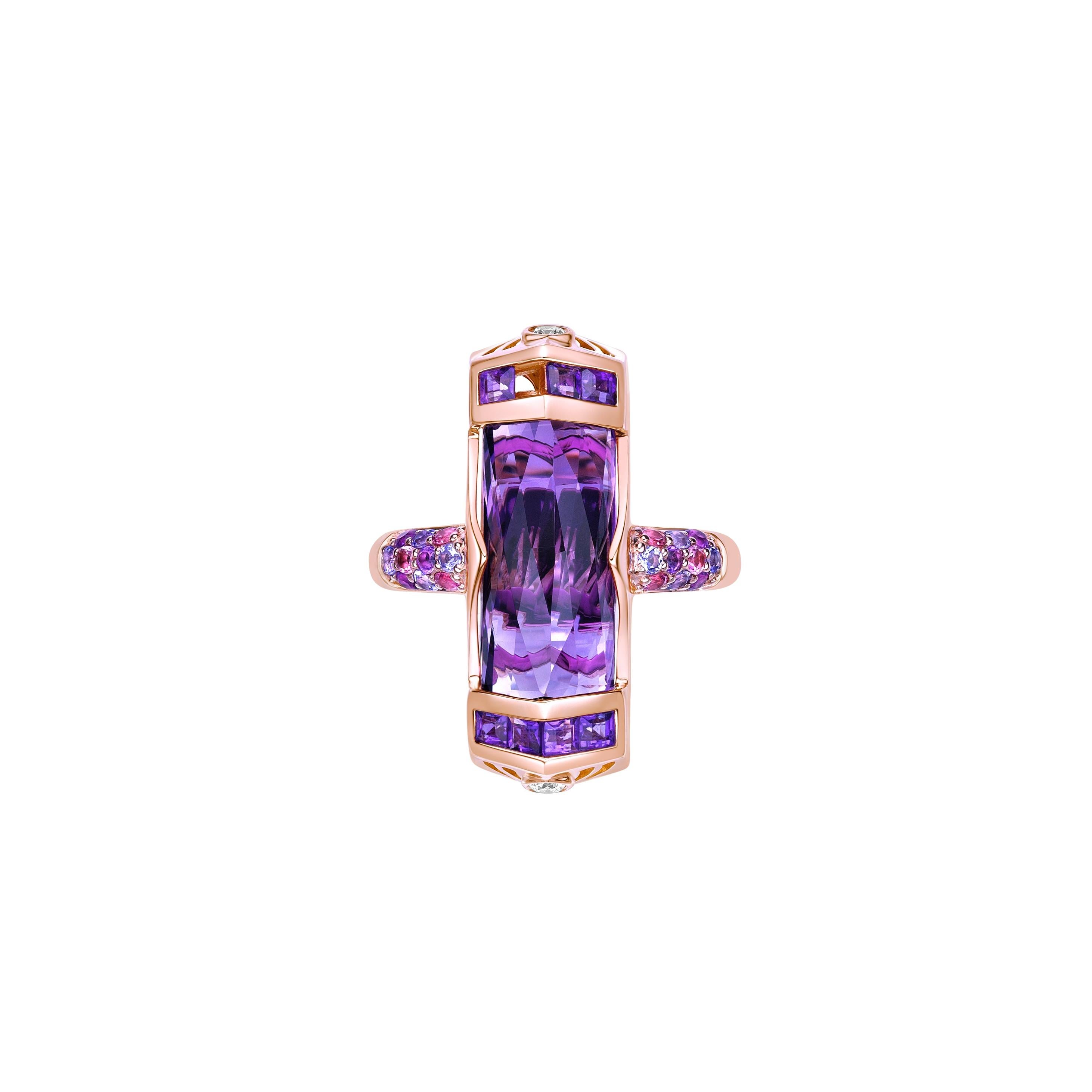 Contemporary 6.58 Carat Amethyst Cocktail Ring in 18KRG with Multi Gemstone and Diamond. For Sale