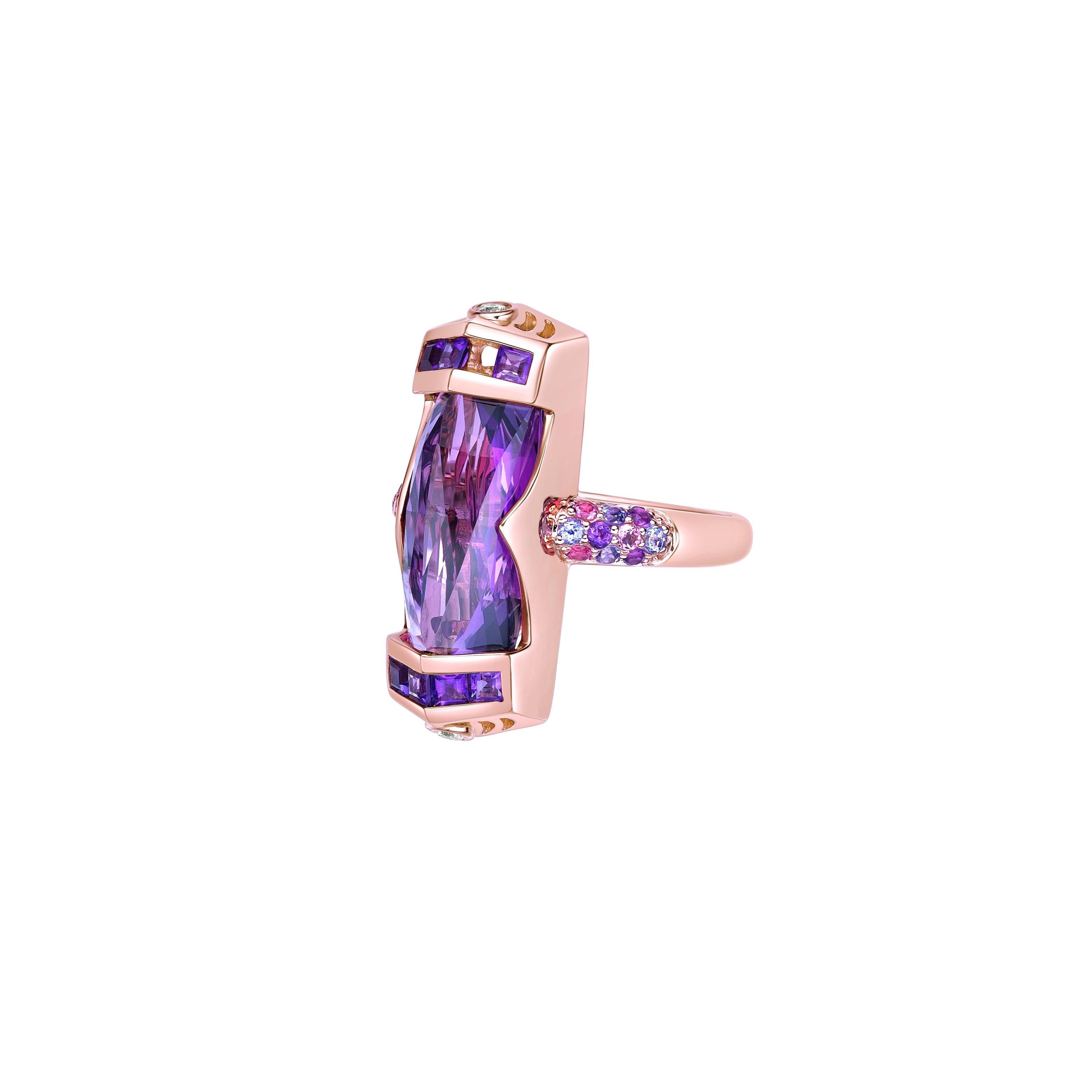 Baguette Cut 6.58 Carat Amethyst Cocktail Ring in 18KRG with Multi Gemstone and Diamond. For Sale