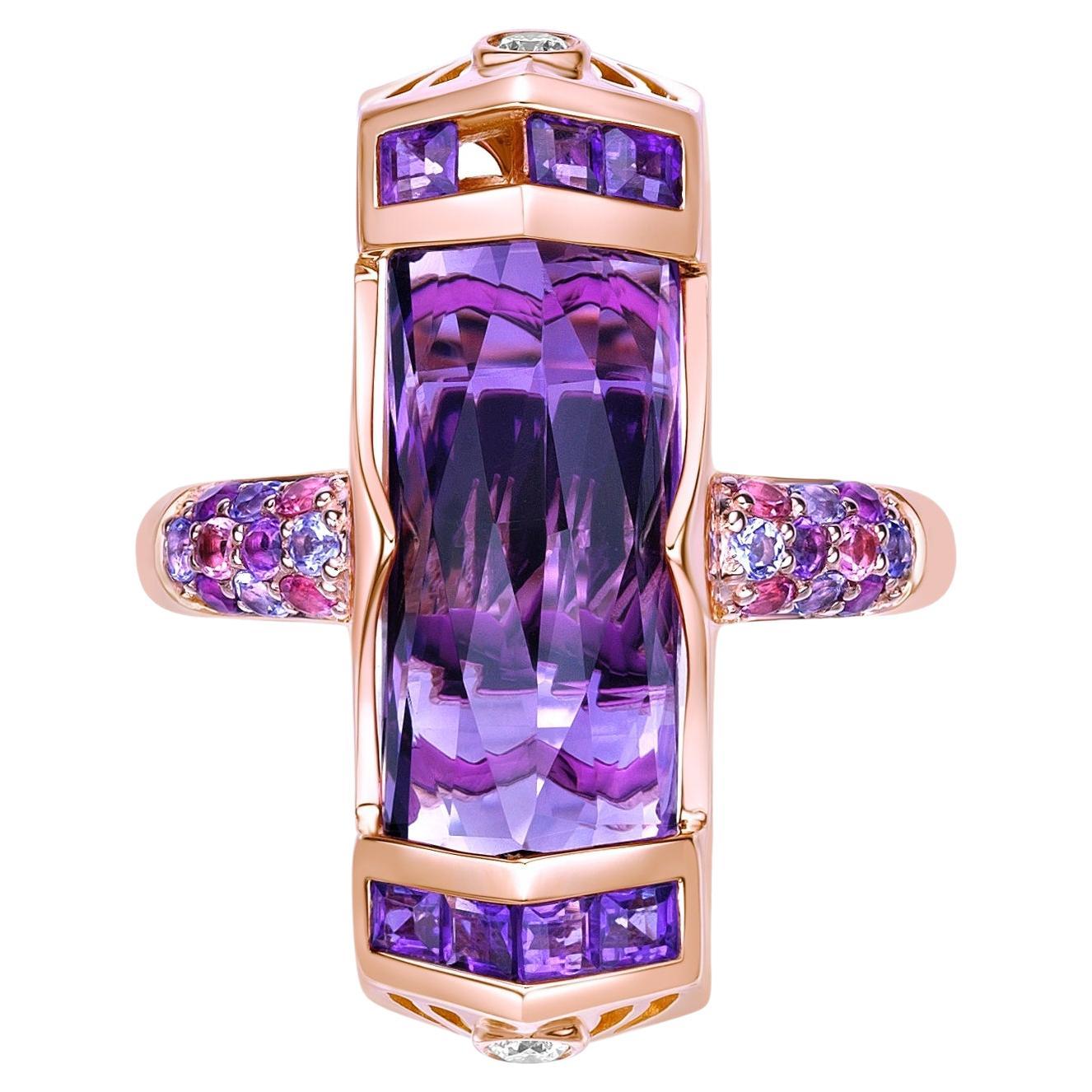 6.58 Carat Amethyst Cocktail Ring in 18KRG with Multi Gemstone and Diamond. For Sale
