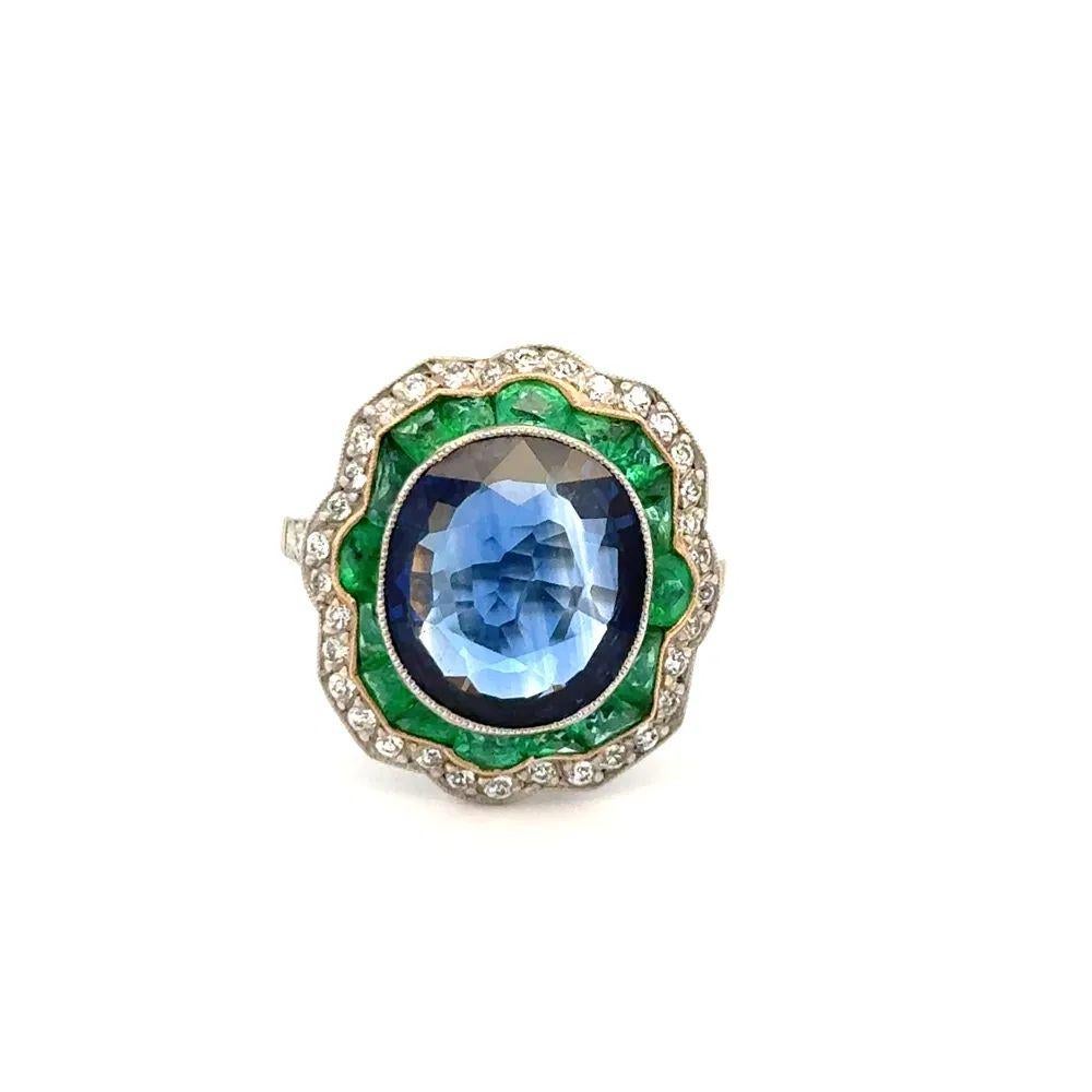 Taille mixte Bague fantaisie en platine avec saphir de Ceylan de 6,58 carats, certifié GIA, diamant et émeraude en vente