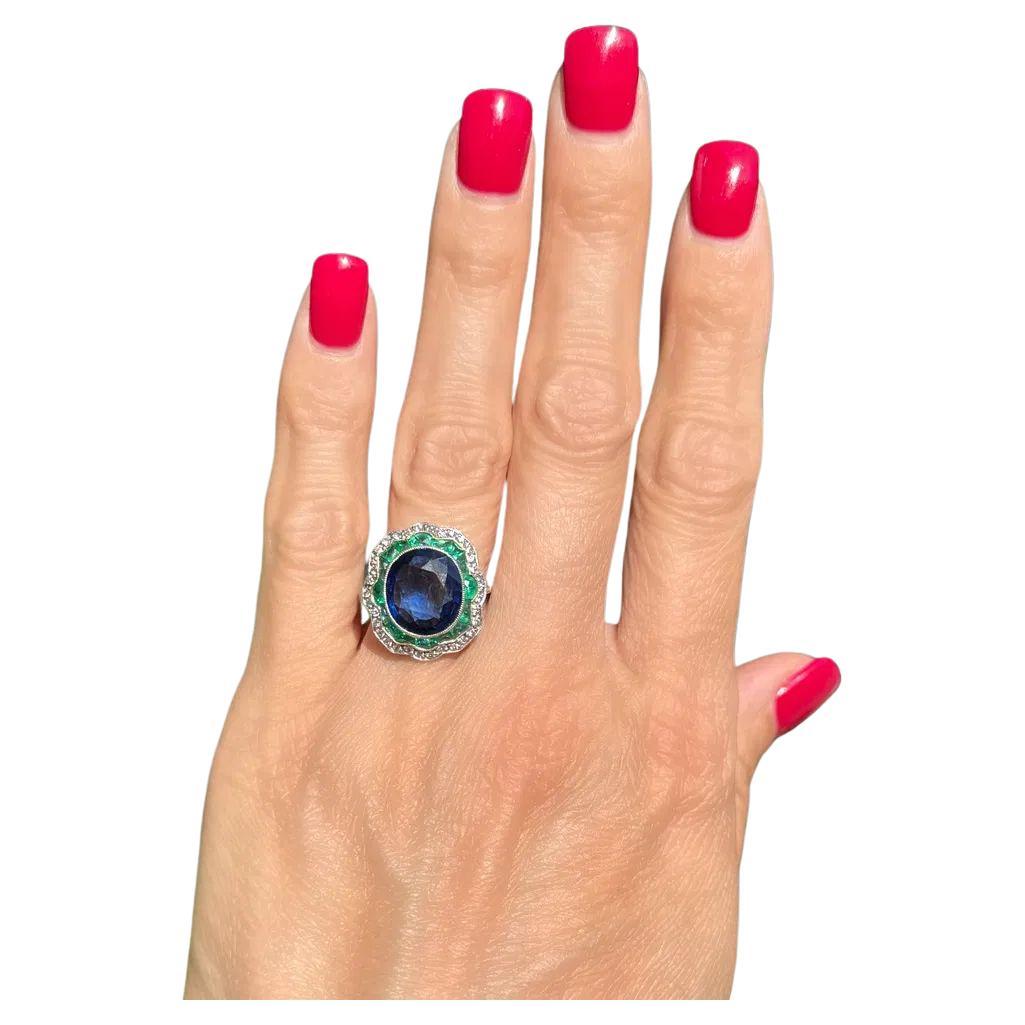 6.58 Carat Ceylon Sapphire GIA, Diamond and Emerald Platinum Statement Ring