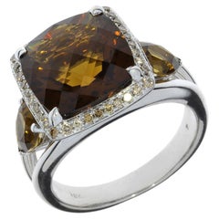 6.58 Carat Cushion Smoky Quartz & Diamond Halo 18K Ring