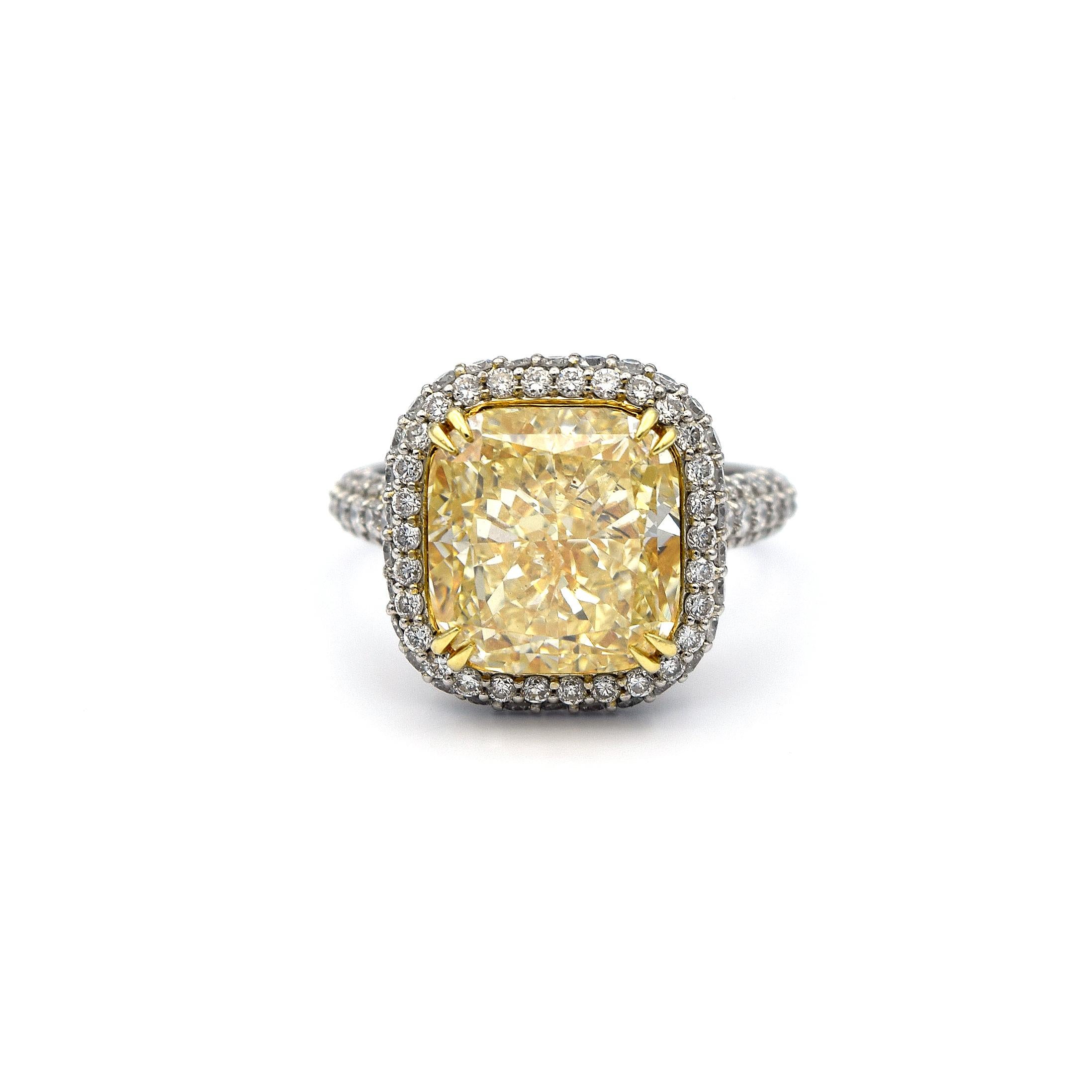 Radiant Cut 6.58 Carat EGL Fancy Light Yellow Cushion SI2 with Pave Diamonds Platinum Ring For Sale