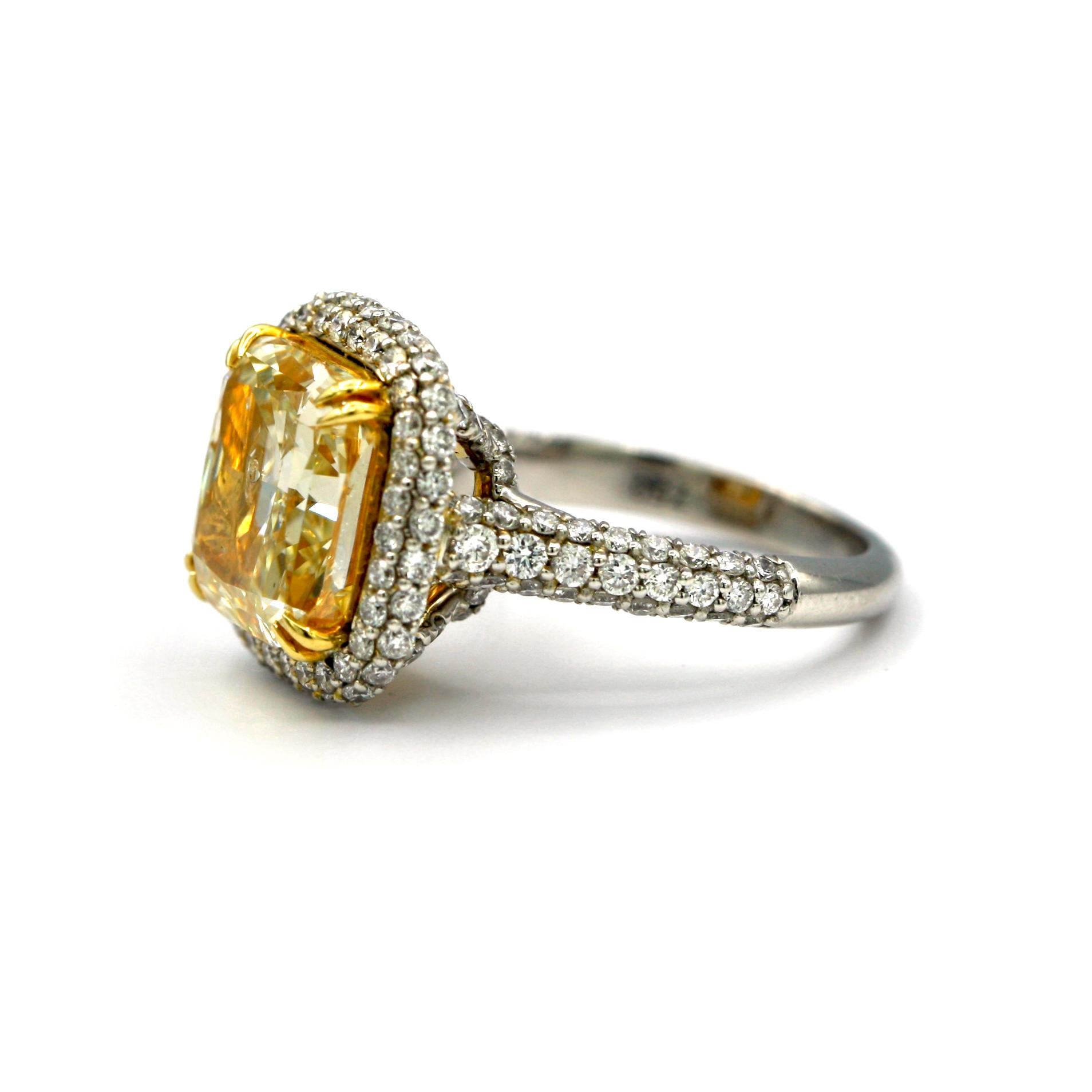 6.58 Carat EGL Fancy Light Yellow Cushion SI2 with Pave Diamonds Platinum Ring In New Condition For Sale In Los Angeles, CA