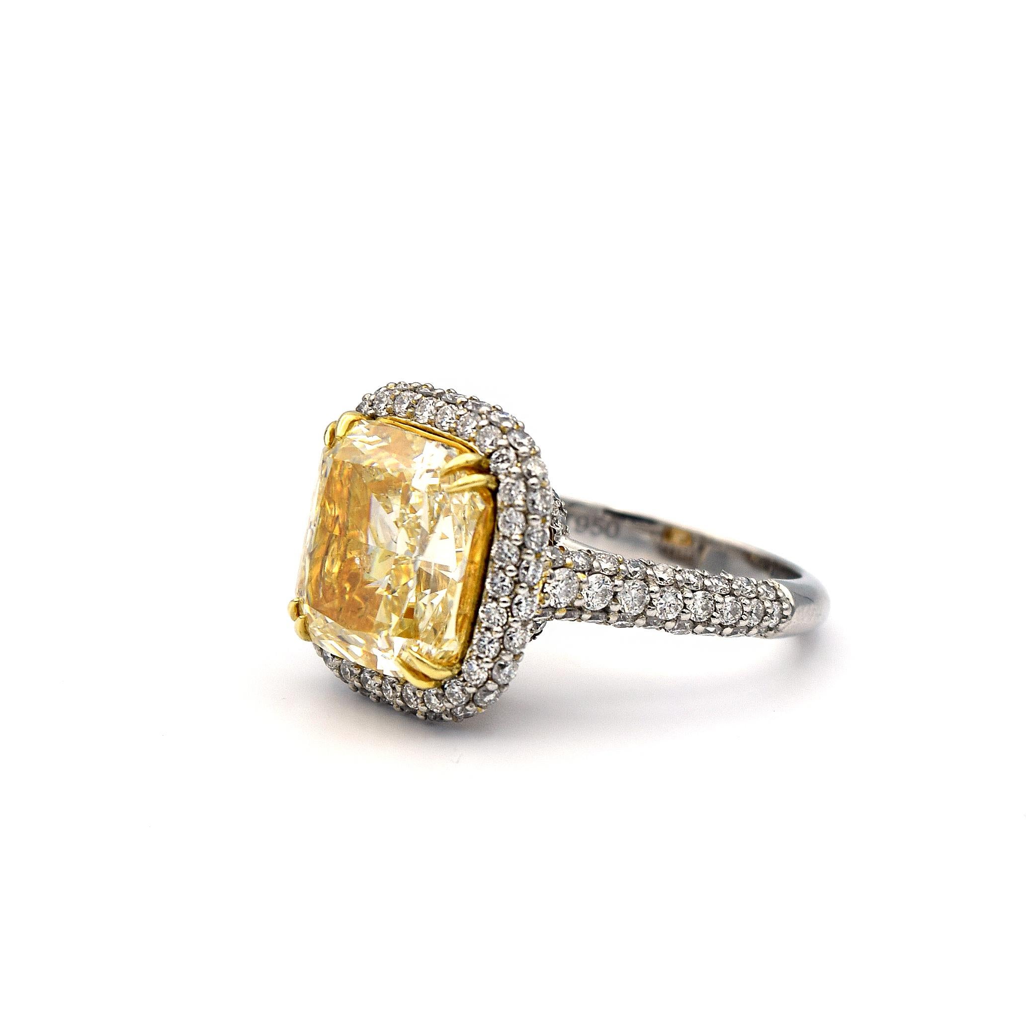 Women's or Men's 6.58 Carat EGL Fancy Light Yellow Cushion SI2 with Pave Diamonds Platinum Ring For Sale