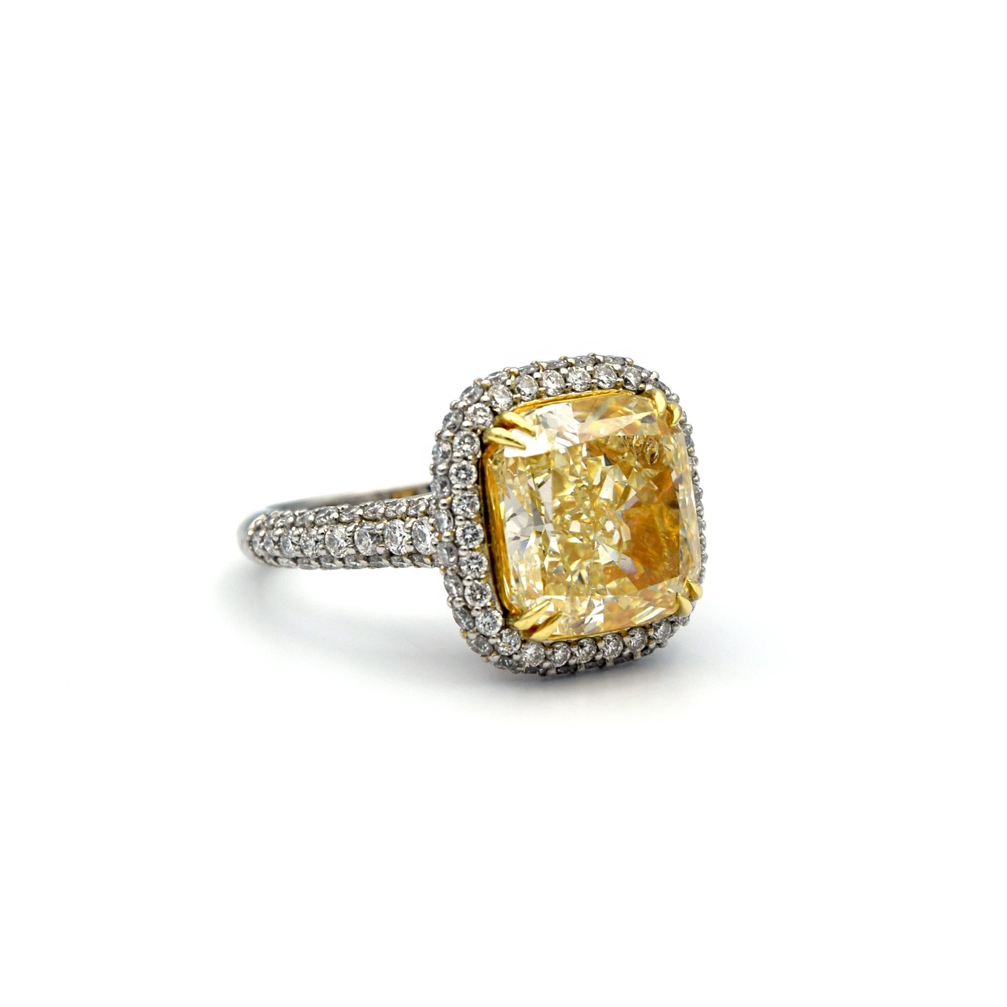 6.58 Carat EGL Fancy Light Yellow Cushion SI2 with Pave Diamonds Platinum Ring For Sale 2