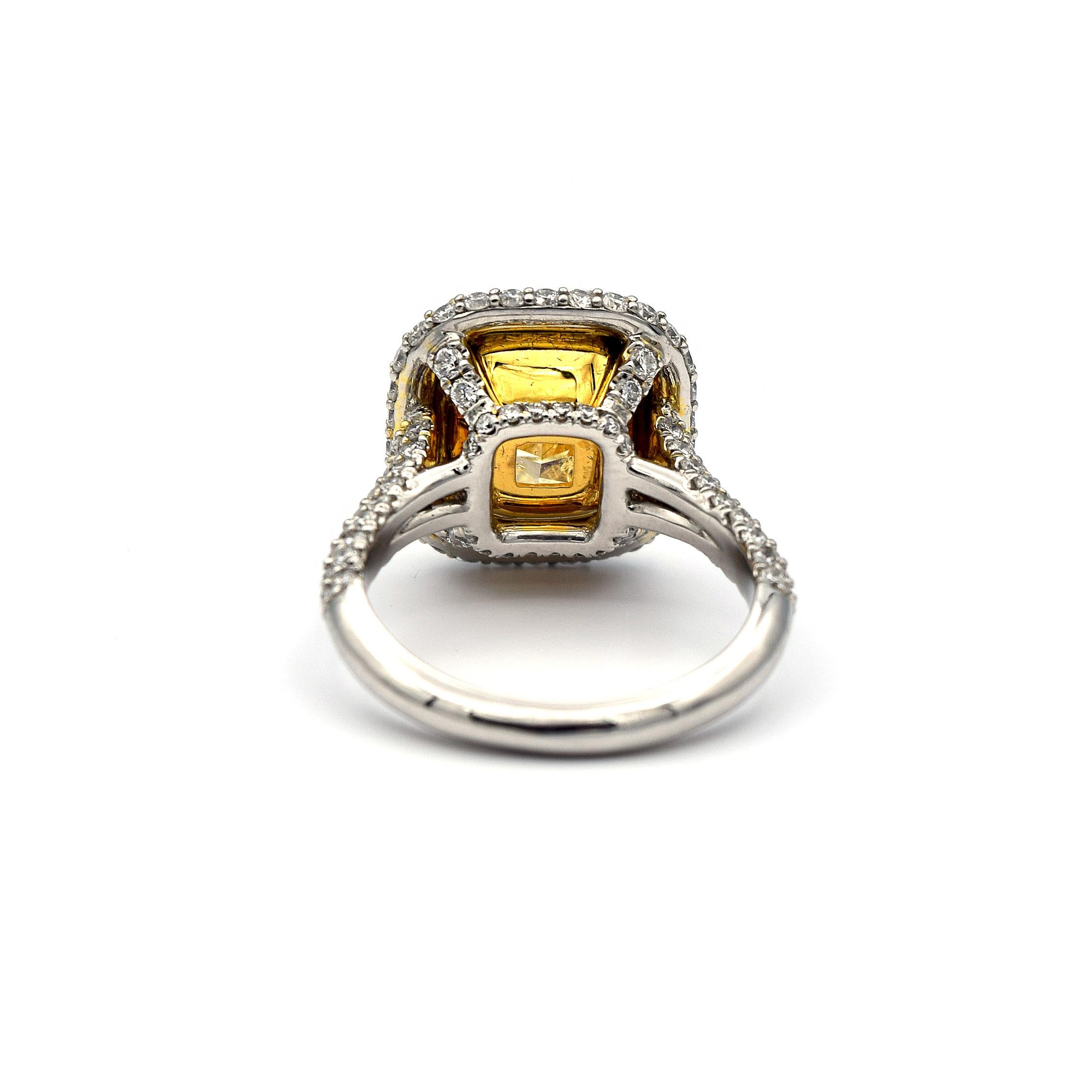 6.58 Carat EGL Fancy Light Yellow Cushion SI2 with Pave Diamonds Platinum Ring For Sale 3