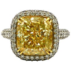 6.58 Carat EGL Fancy Light Yellow Cushion SI2 with Pave Diamonds Platinum Ring