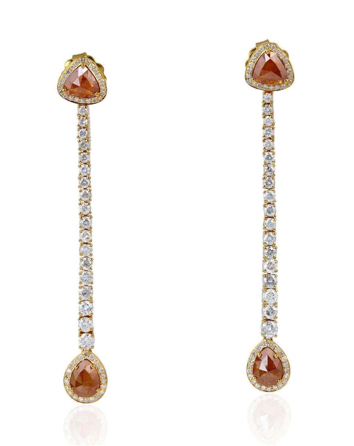 Modern Fancy Diamond 18 Karat Gold Linear Drop Earrings For Sale