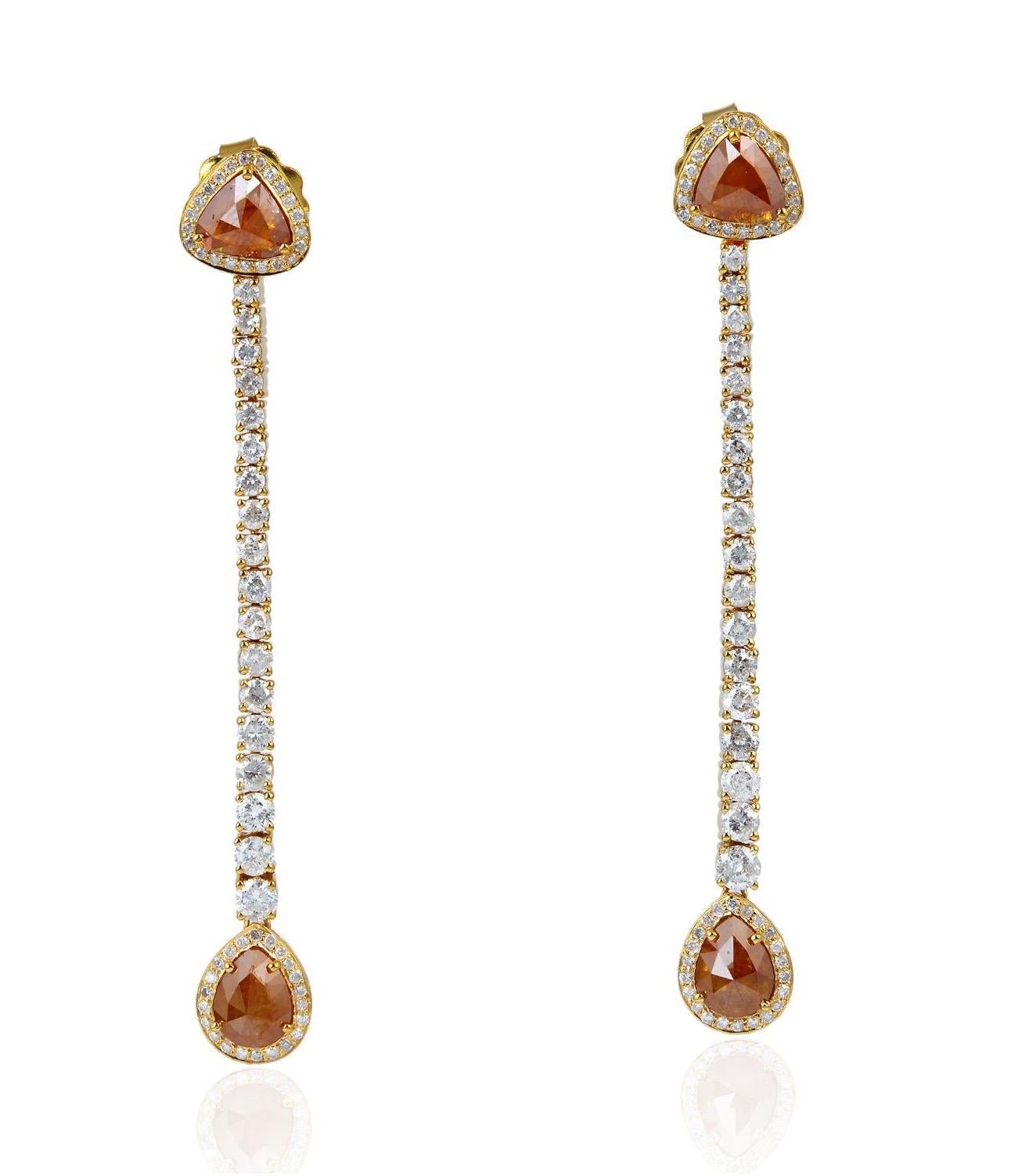 Uncut Fancy Diamond 18 Karat Gold Linear Drop Earrings For Sale