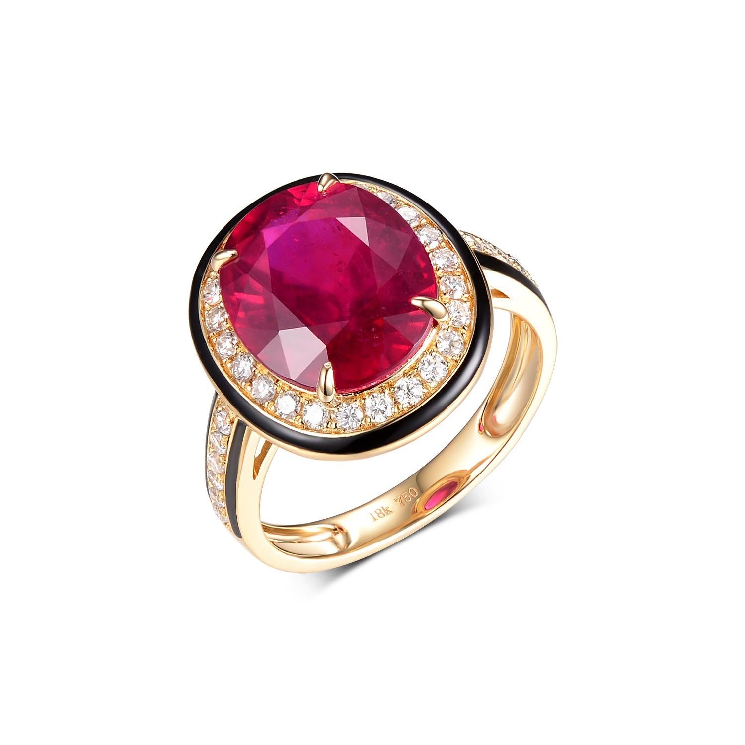 This ring is a bold statement of luxury and color, featuring a stunning 6.58-carat glass-filled ruby as its centerpiece. The ruby, measuring 12x10mm, boasts a rich, deep crimson color that commands attention. The process of glass filling enhances