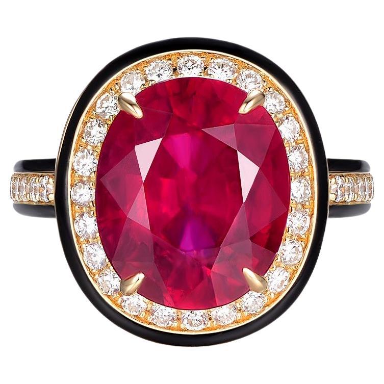 6.58 Carat Glass Filled Ruby Diamond Enamel Ring in 18 Karat Yellow Gold For Sale