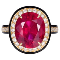 6,58 Karat Glasgefüllter Rubin-Diamant-Emaille-Ring aus 18 Karat Gelbgold